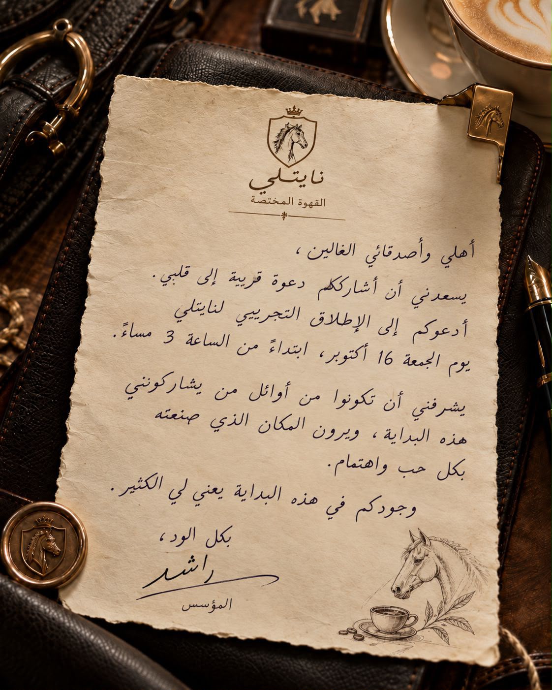 Rashed's original handwritten Arabic invitation for Knightly's soft launch