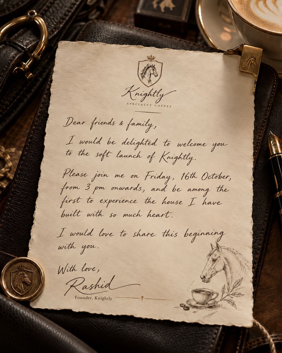 Rashed's original handwritten English invitation for Knightly's soft launch